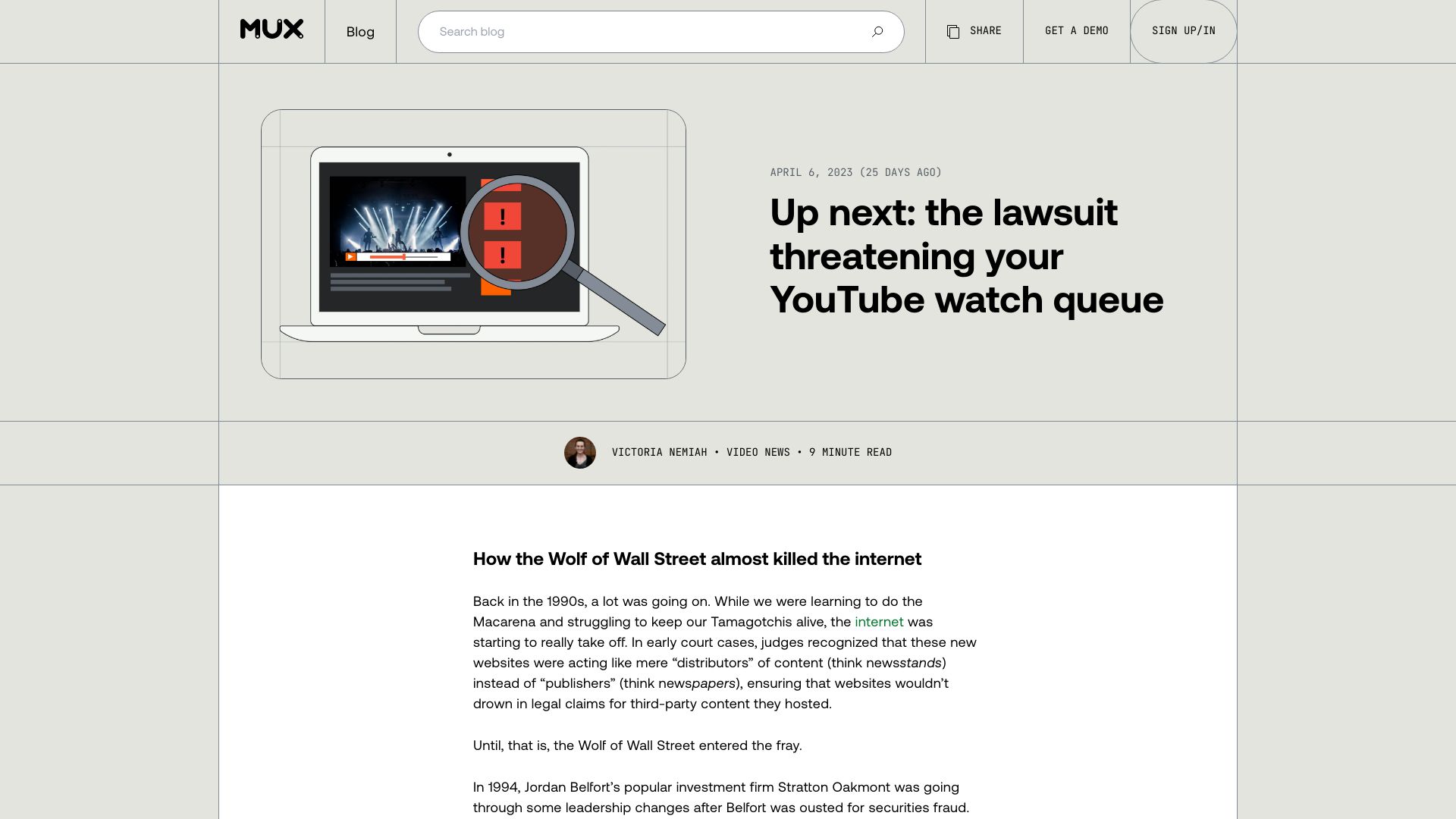 Screenshot of mux.com: Up next: a lawsuit threatening your YouTube watch queue