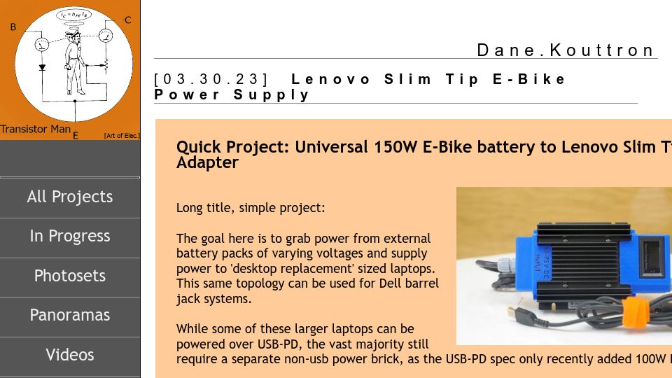 Screenshot of transistor-man.com: DIY Adapter: Using an e-bike battery to run a laptop