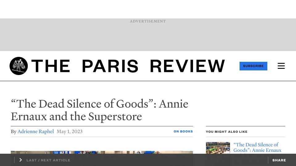 Screenshot of theparisreview.org: “The Dead Silence of Goods”: Annie Ernaux and the Superstore