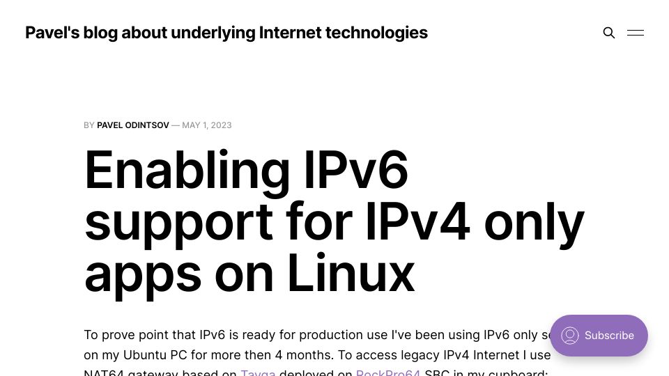 Screenshot of pavel.network: Enabling IPv6 support for IPv4 only apps on Linux