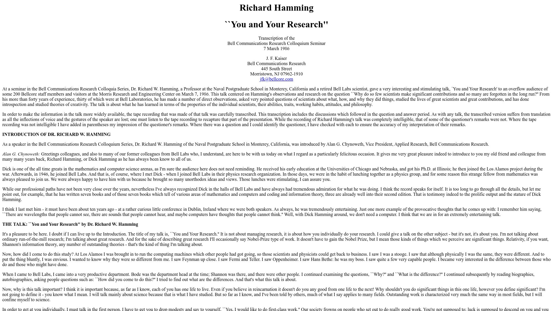 Screenshot of cs.virginia.edu: You and Your Research (1986)