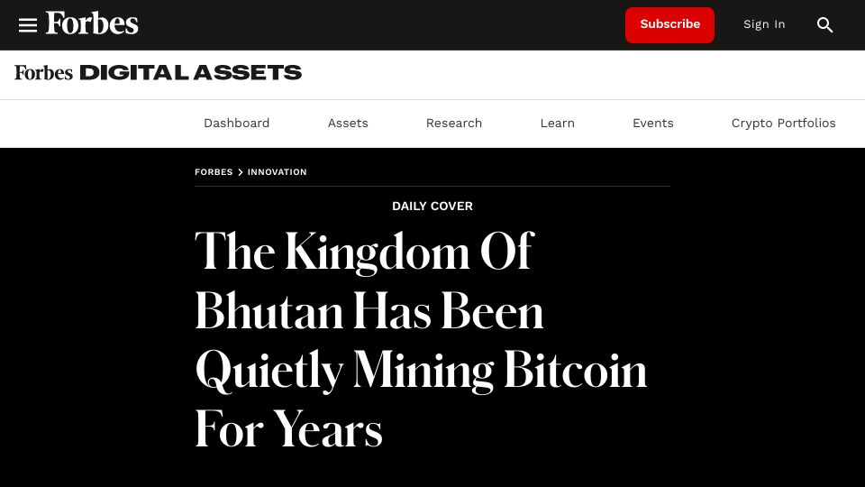 Screenshot of forbes.com: The kingdom of Bhutan has been quietly mining Bitcoin for years