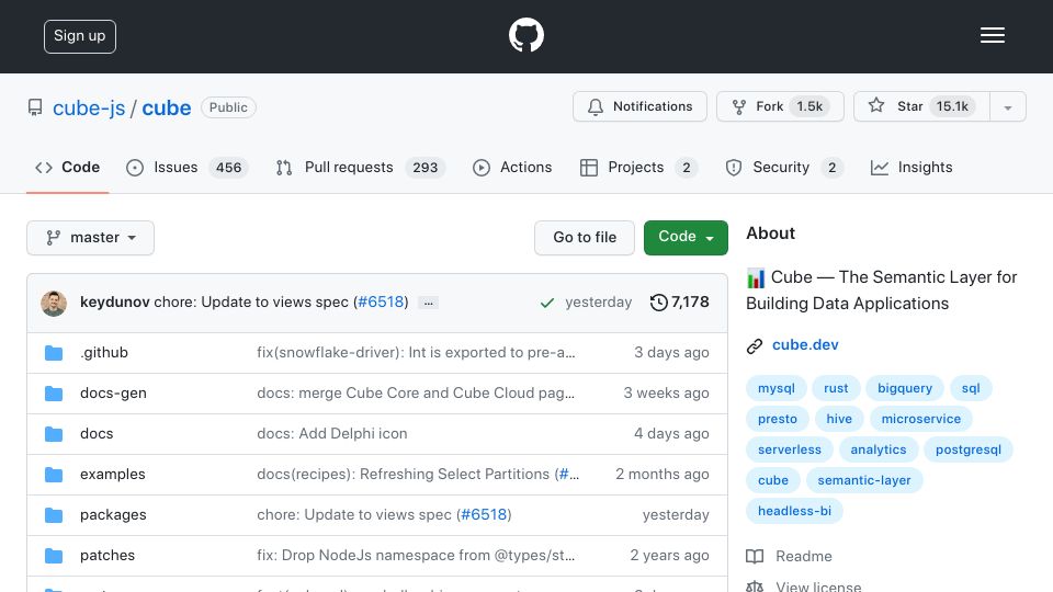 Screenshot of github.com: Cube.js: Headless Semantic Layer