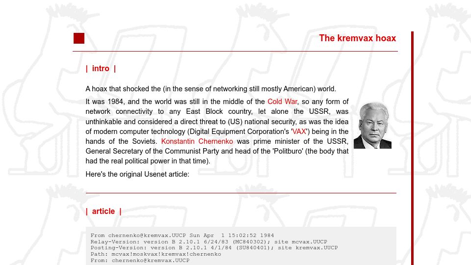 Screenshot of godfatherof.nl: The kremvax hoax (1984)