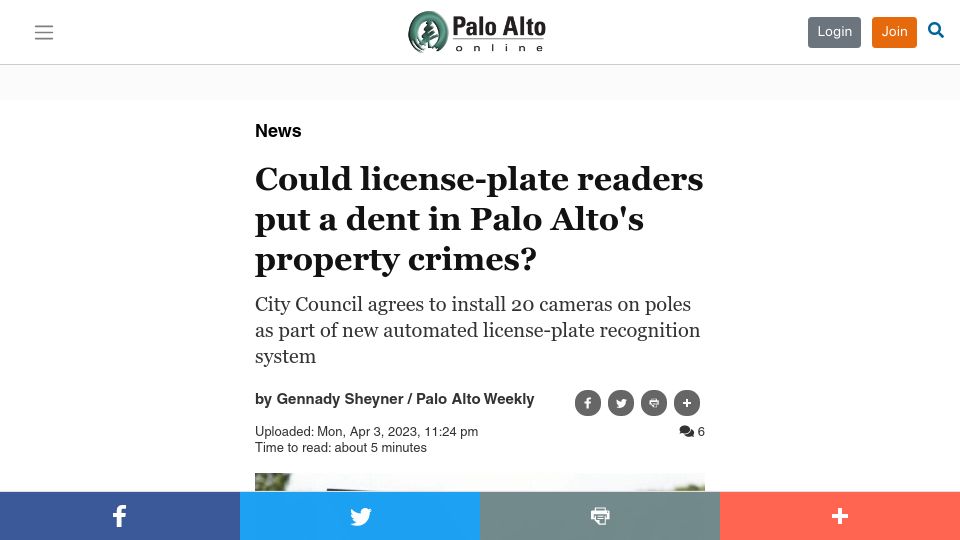 Screenshot of paloaltoonline.com: City Council to install 20 cameras as automated license-plate recognition system