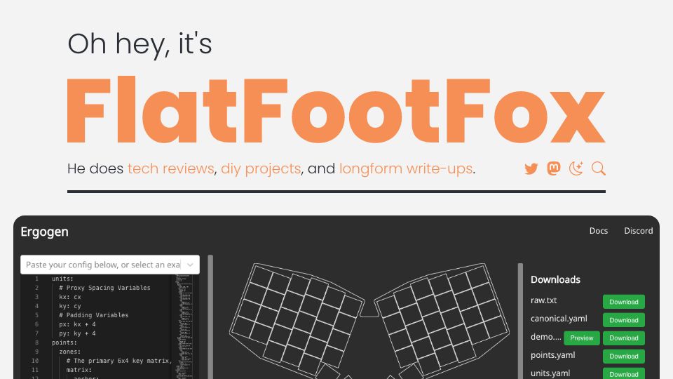 Screenshot of flatfootfox.com: Design a keyboard with Ergogen v4
