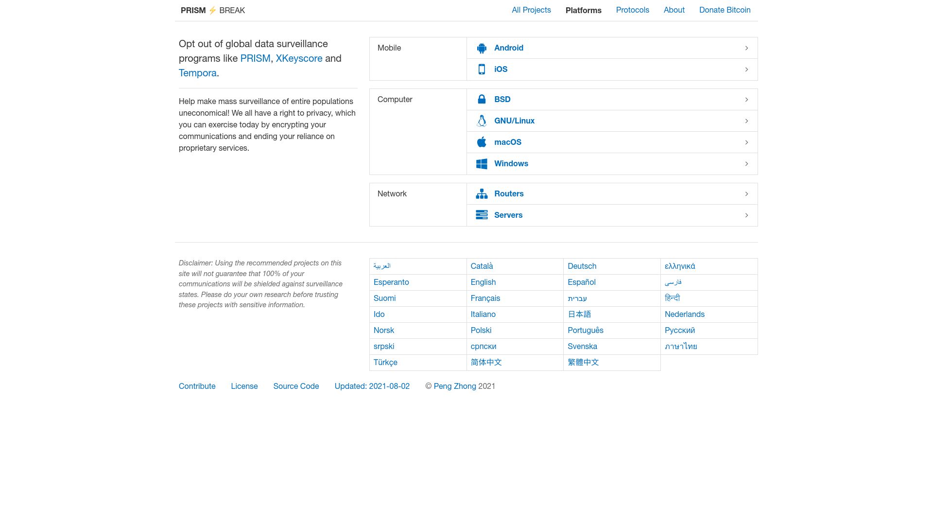 Screenshot of prism-break.org: Help make mass surveillance of entire populations uneconomical