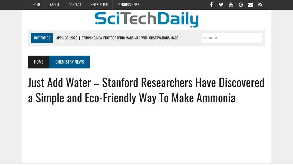 Screenshot of scitechdaily.com: A simple and eco-friendly way to make ammonia