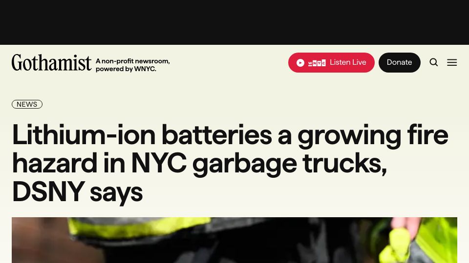 Screenshot of gothamist.com: Lithium-ion batteries a growing fire hazard in NYC garbage trucks