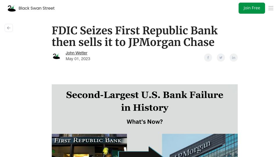 Screenshot of blackswanstreet.com: FDIC Seizes First Republic Bank Then Sells It to JPMorgan Chase