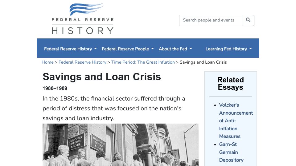 Screenshot of federalreservehistory.org: Savings and Loan Crisis 1980–1989