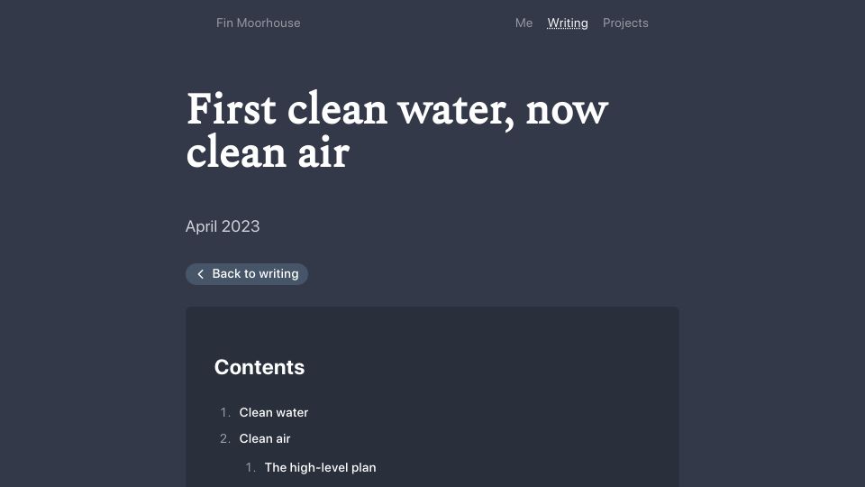Screenshot of finmoorhouse.com: First clean water, now clean air
