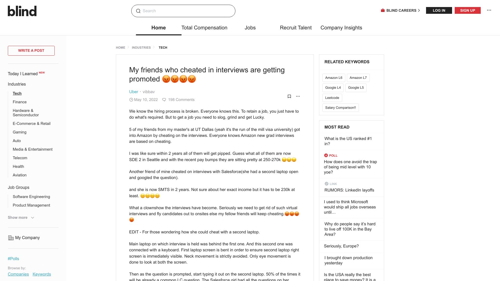 Screenshot of teamblind.com: My friends who cheated in interviews are getting promoted (2022)