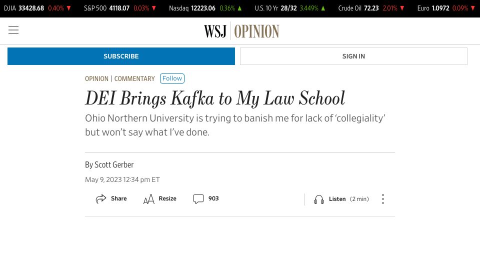 Screenshot of wsj.com: DEI Brings Kafka to My Law School