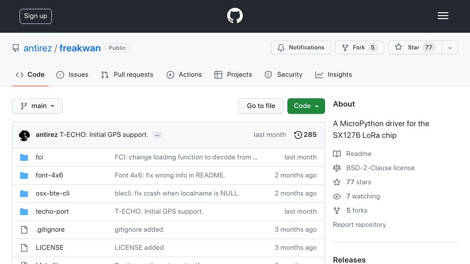 Screenshot of github.com: Freakwan: A MicroPython driver for the SX1276 LoRa chip