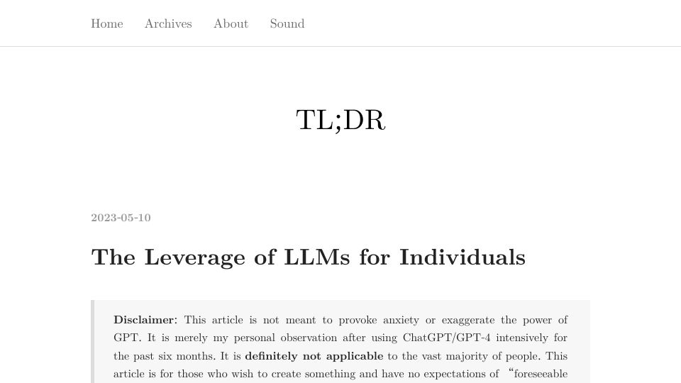 Screenshot of mazzzystar.github.io: The Leverage of LLMs for Individuals