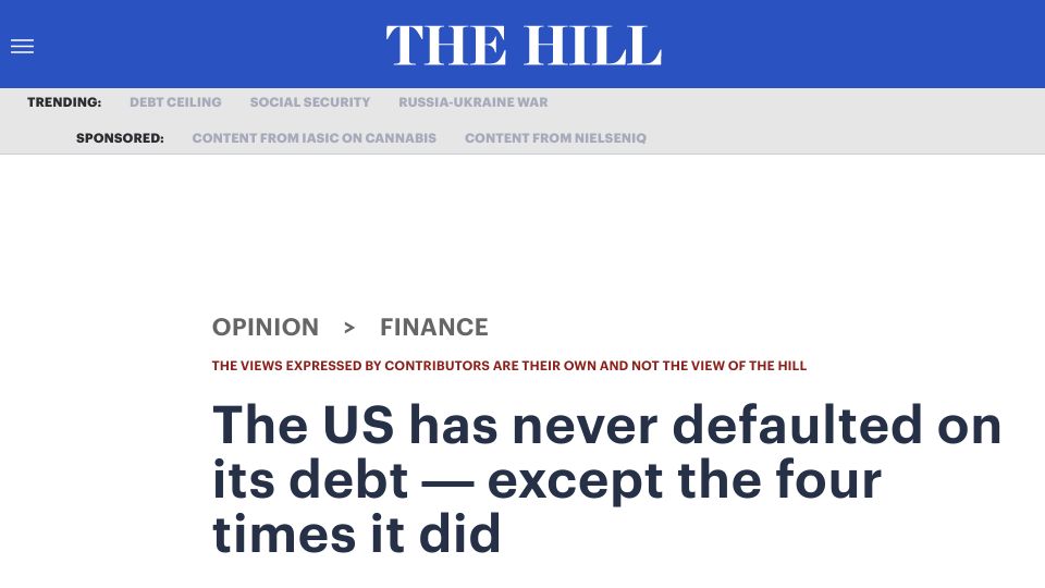 Screenshot of thehill.com: The four times the United States government defaulted on its debt (2021)