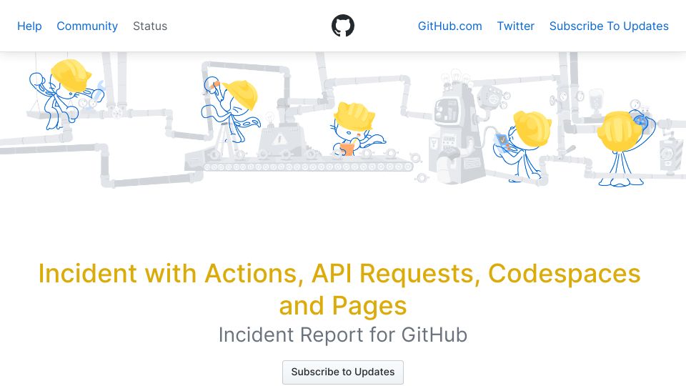 Screenshot of githubstatus.com: Incident with Actions, API Requests, Codespaces and Pages