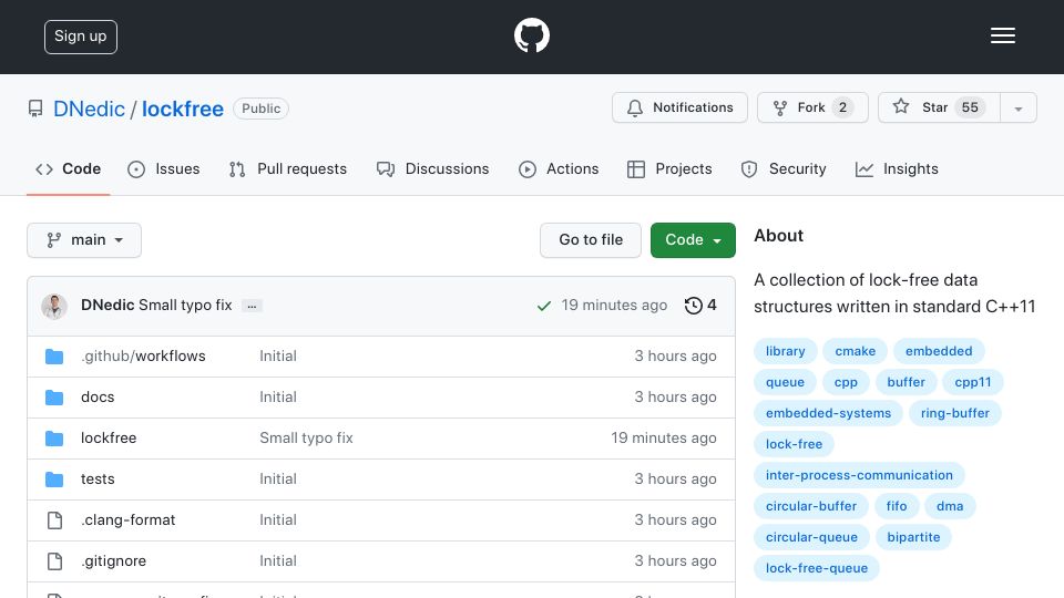 Screenshot of github.com: A collection of lock-free data structures written in standard C++11
