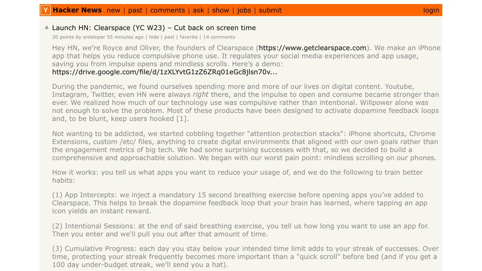 Screenshot of Hacker News post: Launch HN: Clearspace (YC W23) – Cut back on screen time