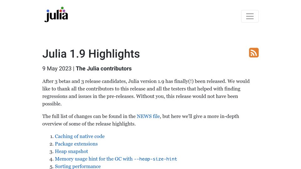Screenshot of julialang.org: Julia 1.9