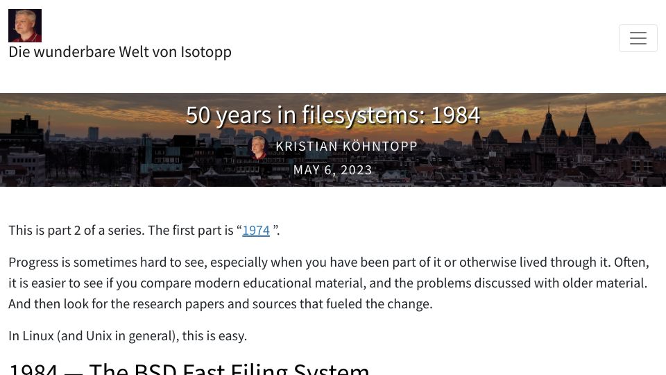 Screenshot of blog.koehntopp.info: 50 years in filesystems: 1984 BSD FFS