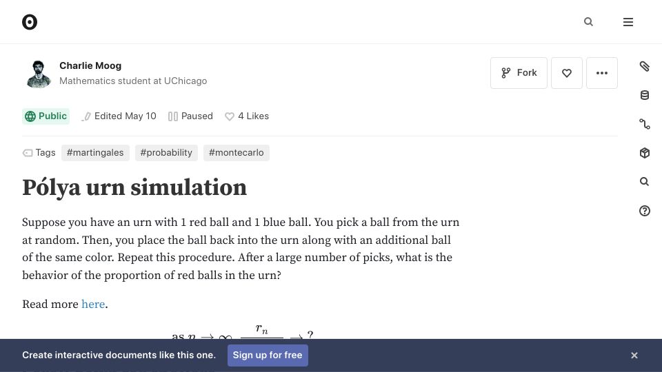 Screenshot of observablehq.com: Polya Urn Simulation
