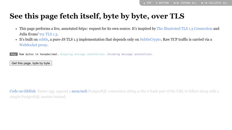 Screenshot of subtls.pages.dev: See this page fetch itself, byte by byte, over TLS