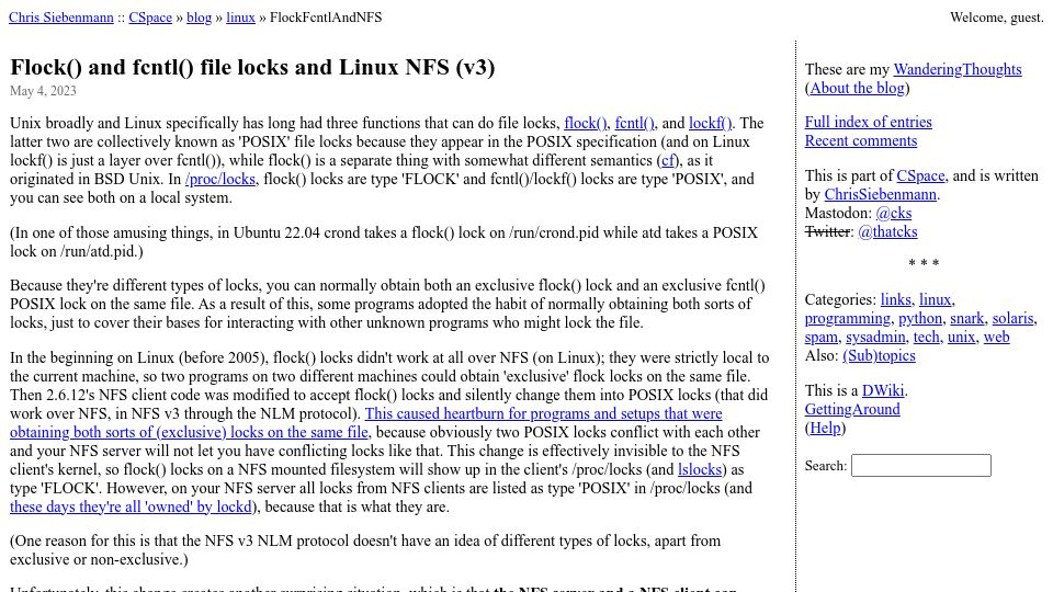 Screenshot of utcc.utoronto.ca: File Locks on Linux