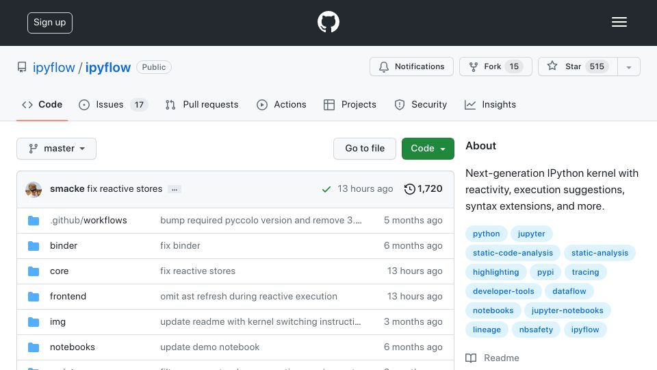 Screenshot of github.com: IPyflow: Reactive Python Notebooks in Jupyter(Lab)