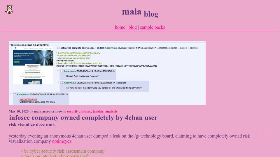 Screenshot of maia.crimew.gay: Infosec company pwned by 4chan user