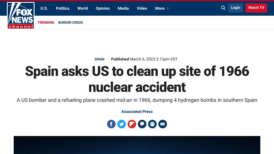 Screenshot of foxnews.com: Spain asks US to clean up site of 1966 nuclear accident