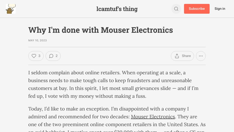 Screenshot of lcamtuf.substack.com: Why I'm done with Mouser Electronics