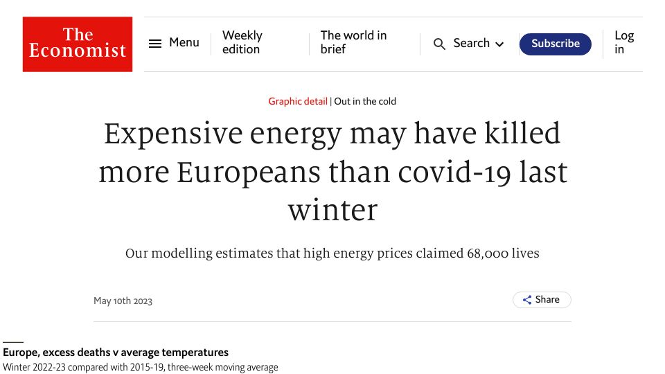 Screenshot of economist.com: Expensive energy may have killed more Europeans than Covid-19 last winter