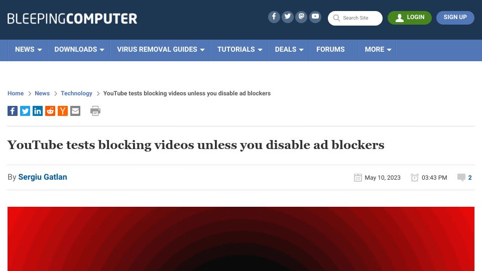 Screenshot of bleepingcomputer.com: YouTube tests blocking videos unless you disable ad blockers