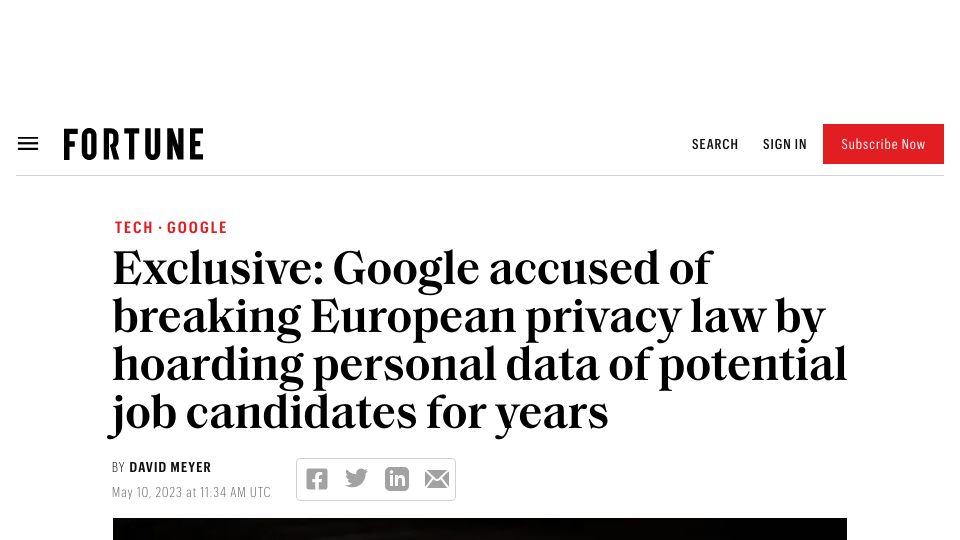 Screenshot of fortune.com: Google breaking European privacy law by hoarding personal data of job candidates