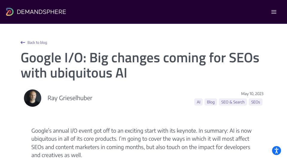 Screenshot of demandsphere.com: Google I/O: Big changes coming for SEOs with ubiquitous AI