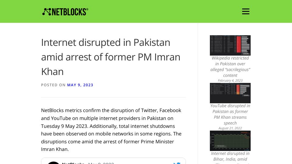 Screenshot of netblocks.org: Internet disrupted in Pakistan amid arrest of former PM Imran Khan