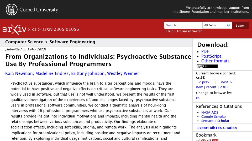 Screenshot of arxiv.org: Psychoactive substance use by professional programmers