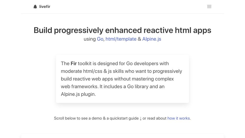 Screenshot of livefir.fly.dev: Show HN: Build progressively enhanced reactive HTML apps using Go and Alpine.js