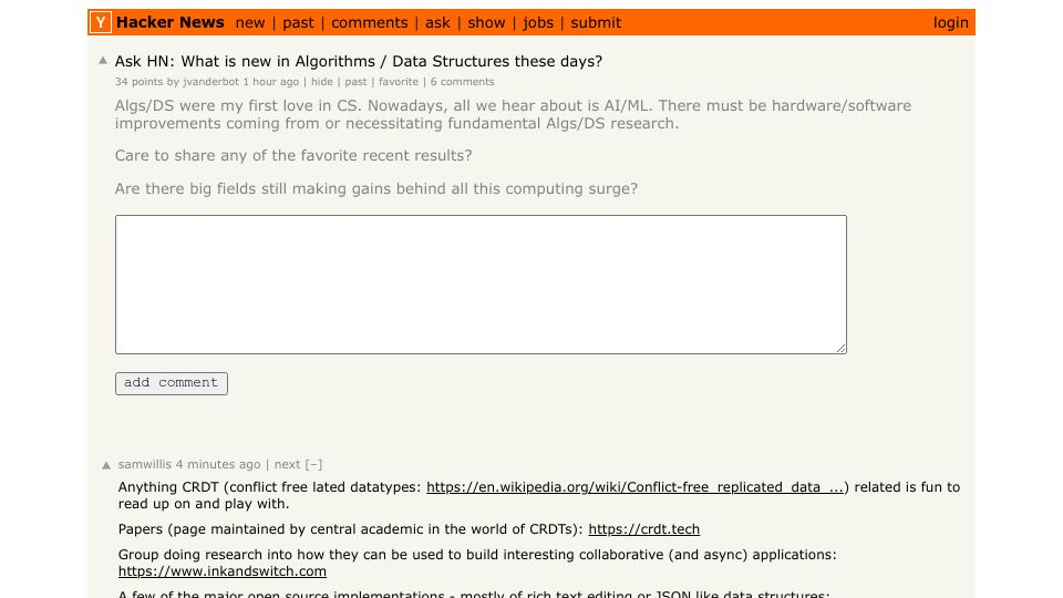 Screenshot of Hacker News post: Ask HN: What is new in algorithms and data structures these days?