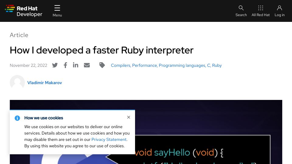 Screenshot of developers.redhat.com: How I developed a faster Ruby interpreter (2022)