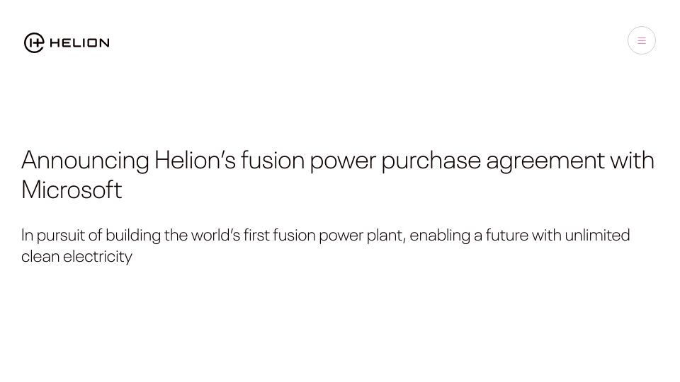 Screenshot of helionenergy.com: Helion’s fusion power purchase agreement with Microsoft