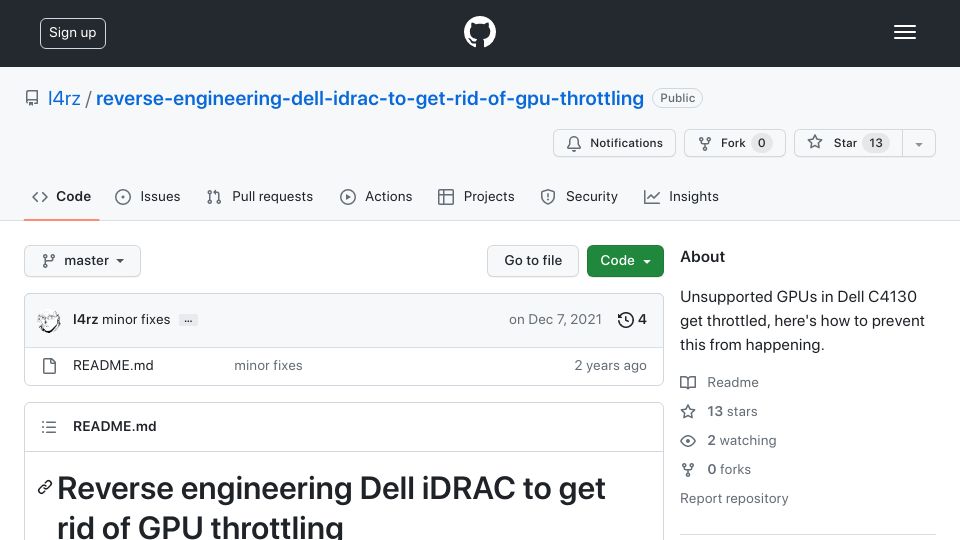 Screenshot of github.com: Reverse engineering Dell iDRAC to get rid of GPU throttling