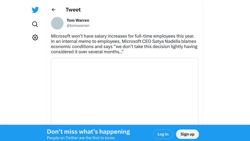 Screenshot of twitter.com: Microsoft Freezes Salaries for 2023