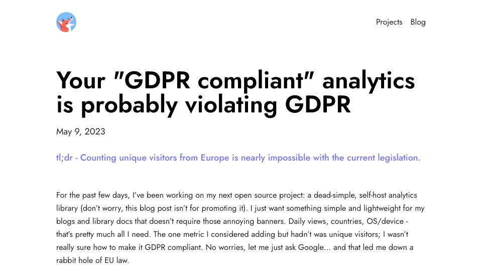 Screenshot of pilcrow.vercel.app: “GDPR compliant” analytics is probably violating GDPR