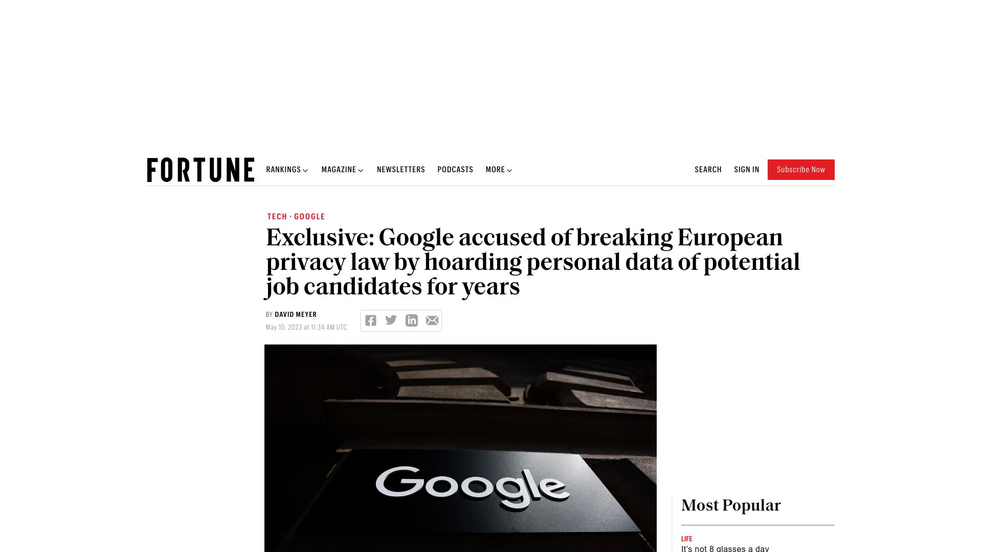 Screenshot of fortune.com: Google breaking European privacy law by hoarding personal data of job candidates