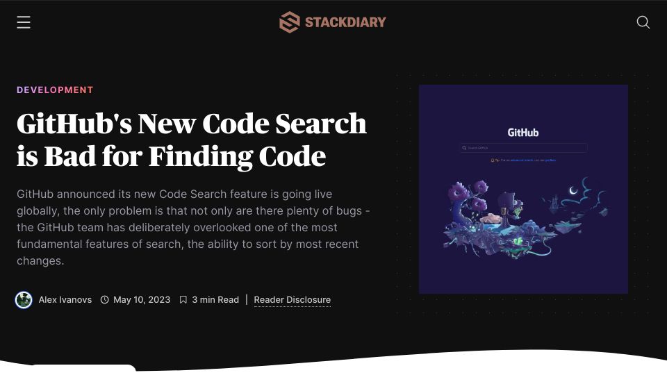 Screenshot of stackdiary.com: GitHub's New Code Search Is Bad for Finding Code