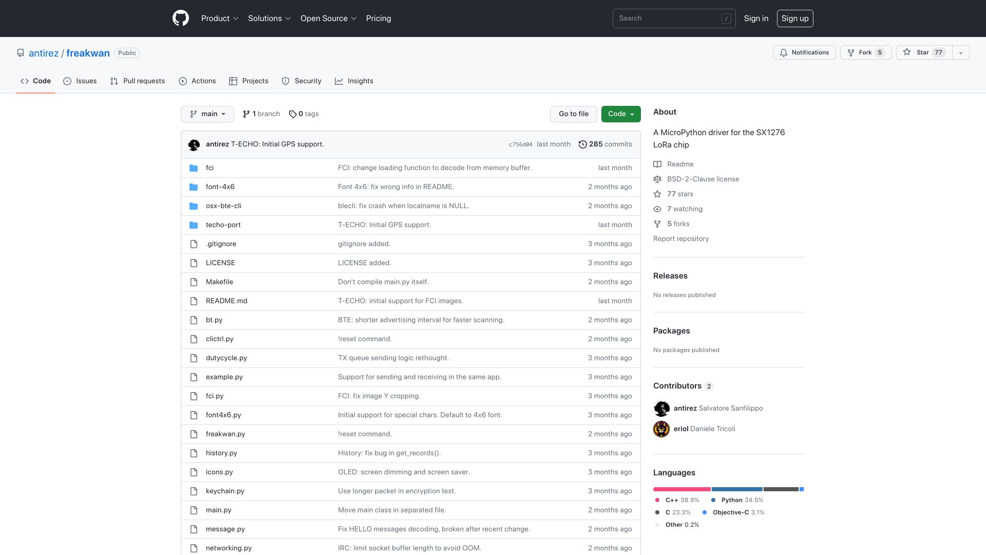 Screenshot of github.com: Freakwan: A MicroPython driver for the SX1276 LoRa chip