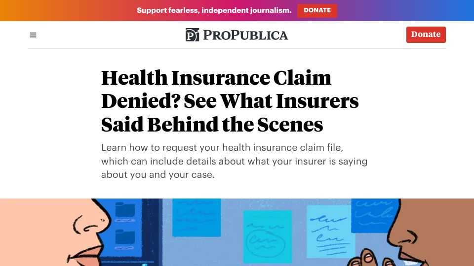 Screenshot of propublica.org: Health Insurance Claim Denied? See What Insurers Said Behind the Scenes